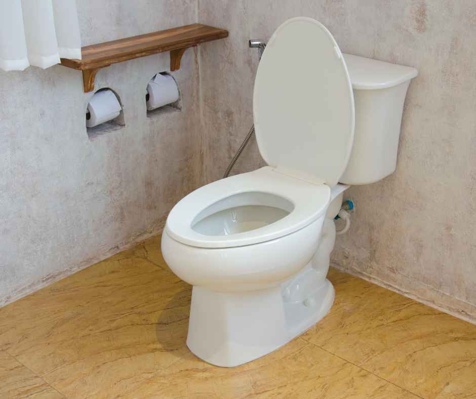 A toilet in a bathroom